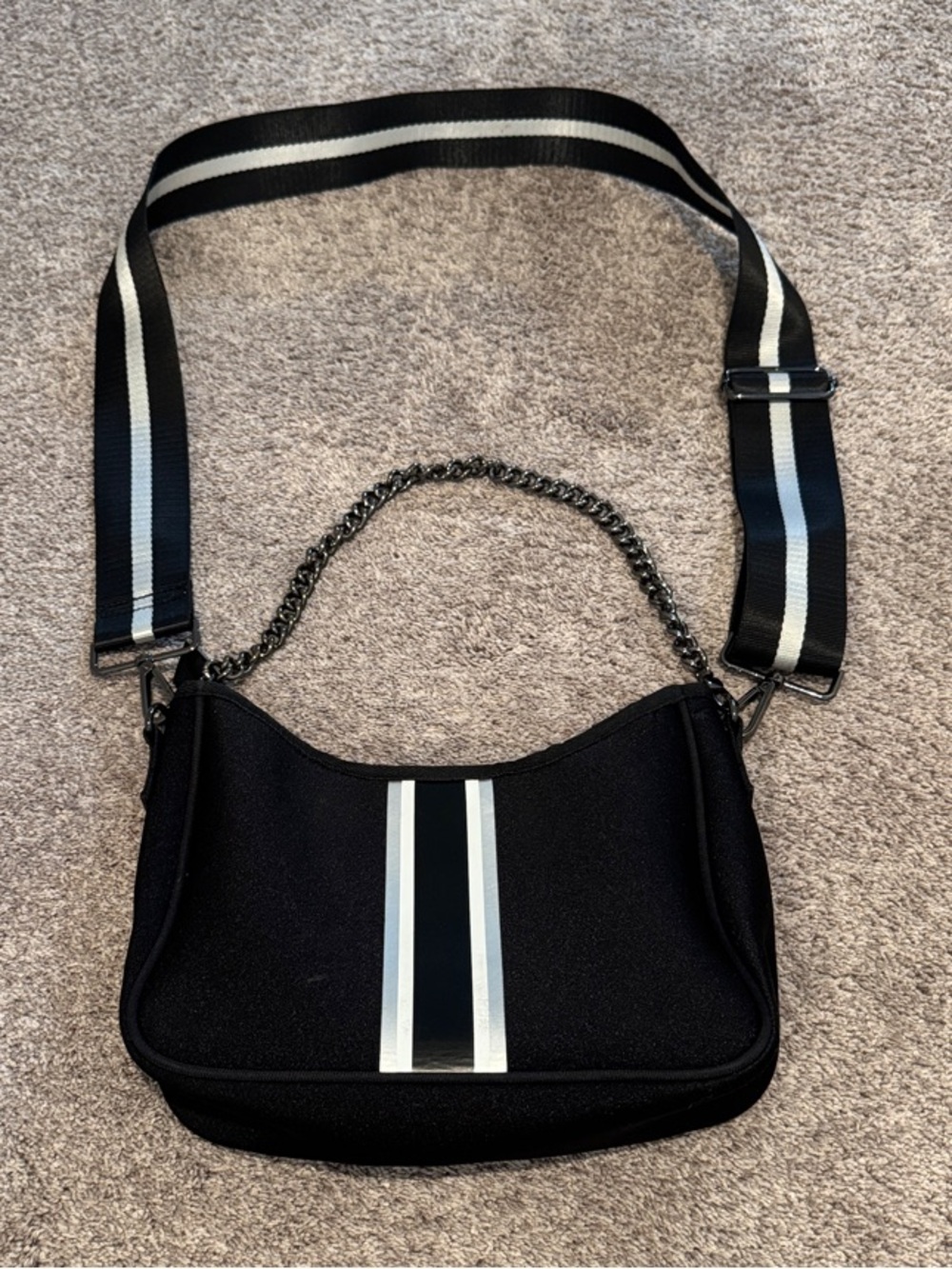 Haute Shore Black Crossbody Bag with Stripe Detail